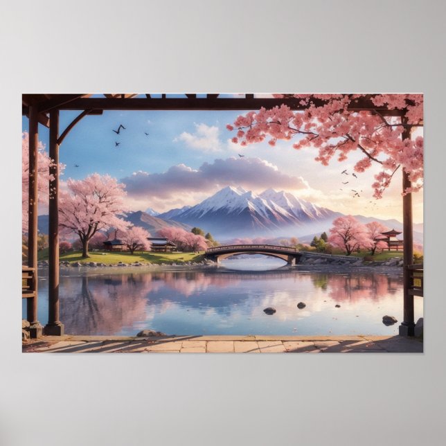 Affiche Merveilleux Sakura Tree japonais au coucher du sol (Devant)