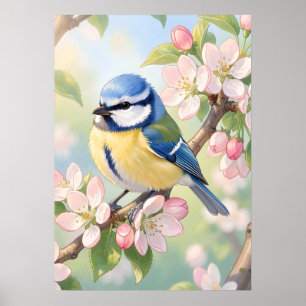Affiche Mésange bleue à l'aquarelle sur un pommier au prin