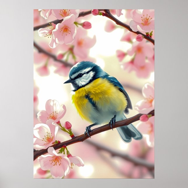 Affiche Mésange bleue à l'aquarelle sur un pommier de prin (Devant)