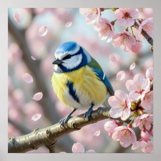 Affiche  Mésange bleue sur cerisier en fleurs Printemps