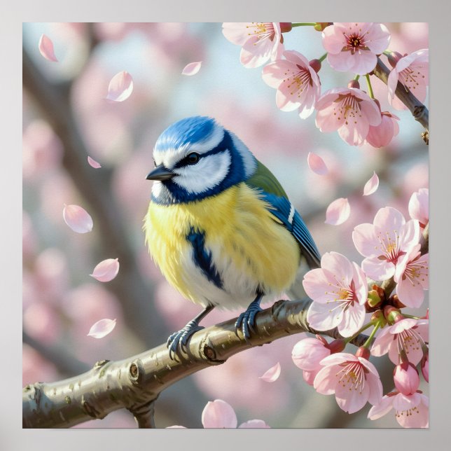 Affiche  Mésange bleue sur cerisier en fleurs Printemps (Devant)