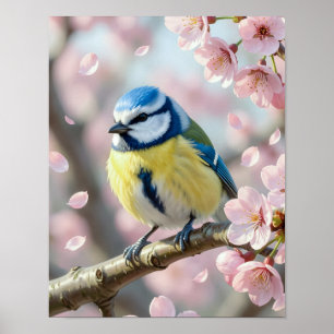 Affiche Mésange bleue sur cerisier en fleurs Printemps