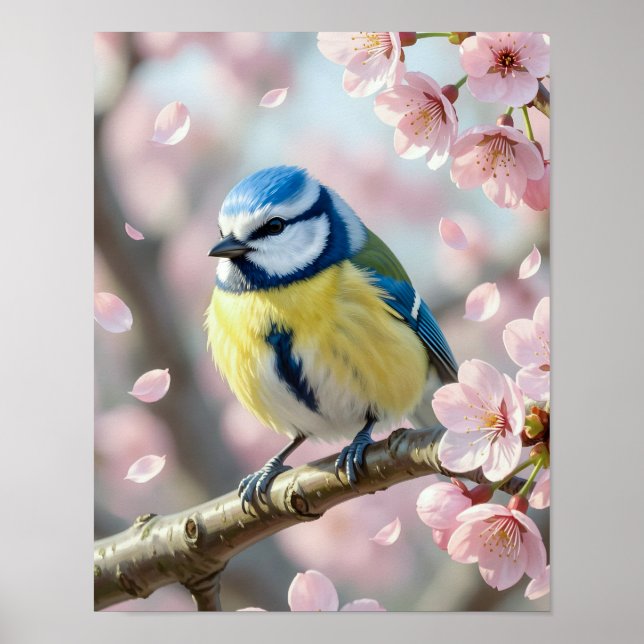 Affiche  Mésange bleue sur cerisier en fleurs Printemps (Devant)