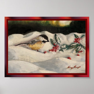 Affiche Mésange et gui sur la neige hivernale de Noël P