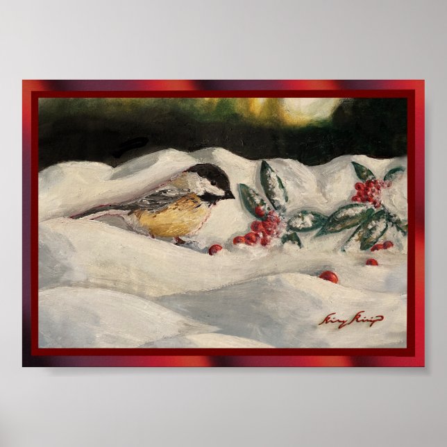 Affiche Mésange et gui sur la neige hivernale de Noël P (Devant)