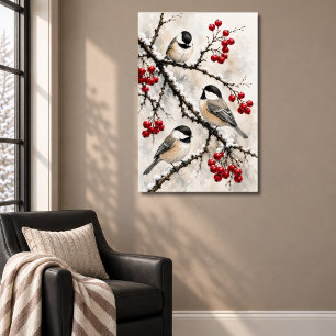Affiche Mésanges Branches enneigées avec des baies rouges