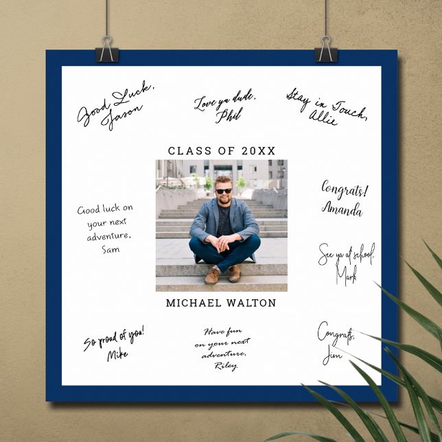 Affiche Message de signature de fin d'études en couleur pe (Graduation autograph poster with your photo and navy blue border, INSTANT DOWNLOAD and/or PRINTED)