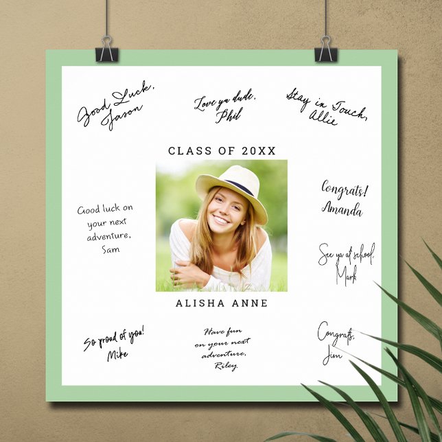 Affiche Message de signature de fin d'études en COULEUR PE (Graduation autograph poster with your photo and light green border, INSTANT DOWNLOAD and/or PRINTED)