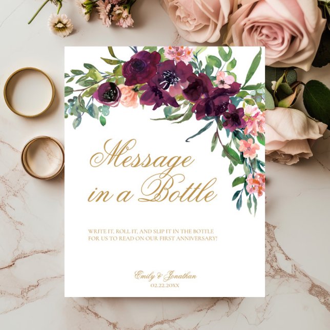 Affiche Message Floral Dans Une Bouteille Signale Mariage  (Message in a Bottle Wedding Sign, Burgundy Blush Pink Florals, Gold Script Calligraphy, Fall Winter )