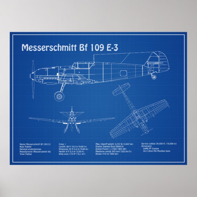 Affiche Messerschmitt Bf 109 - Plan d'avion AD (Devant)