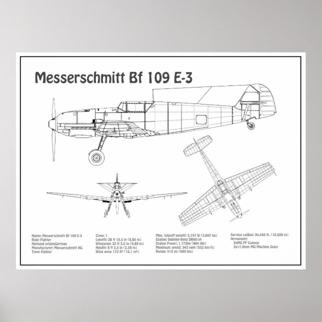 Affiche Messerschmitt Bf 109 - Plan d'avion BD (Devant)