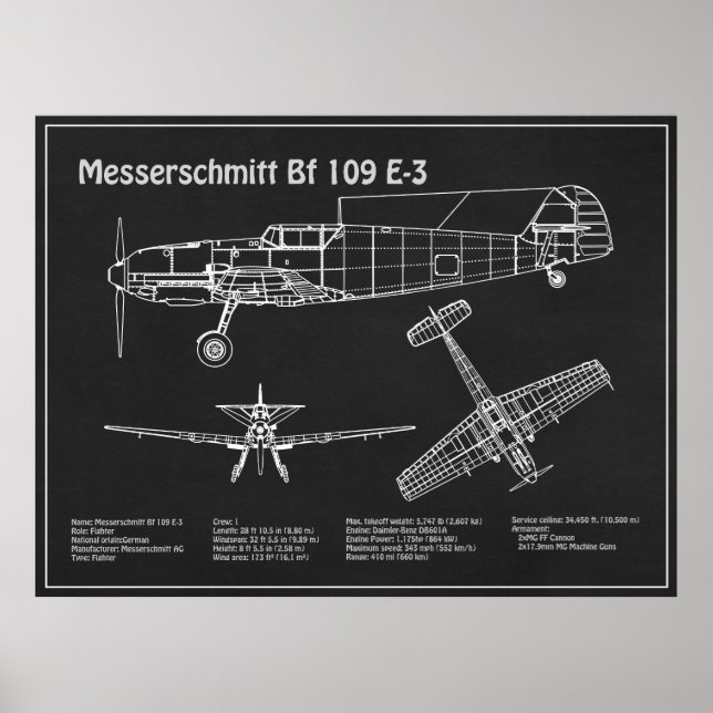 Affiche Messerschmitt Bf 109 - Plan d'avion PD (Devant)
