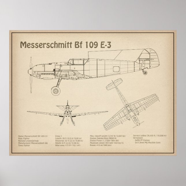 Affiche Messerschmitt Bf 109 - Plan directeur de l'avion S (Devant)