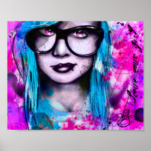 Affiche Messy Blue Emo Girl avec des lunettes