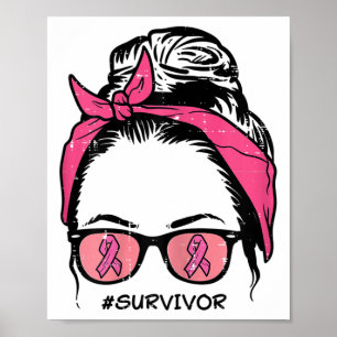 Affiche Messy Bun Pink Ribbon Survivant Cancer du sein Awa