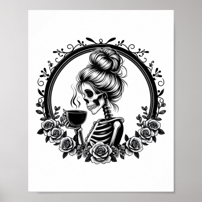 Affiche Messy Bun Skeleton Boire Café Vintage Hallowe (Devant)
