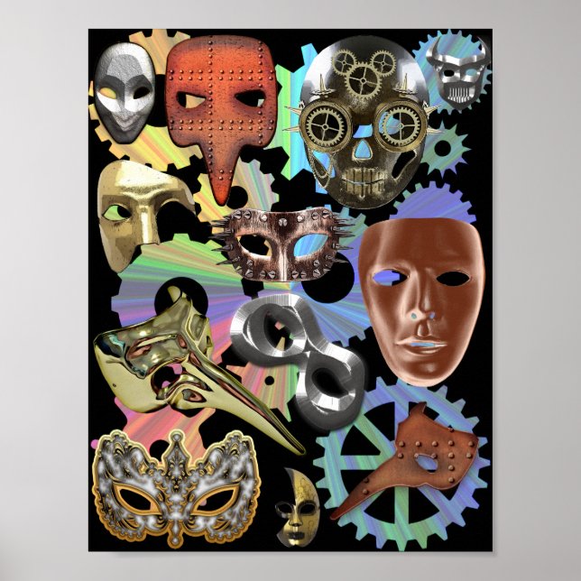Affiche metal gold silver masquerade steampunk masks (Devant)