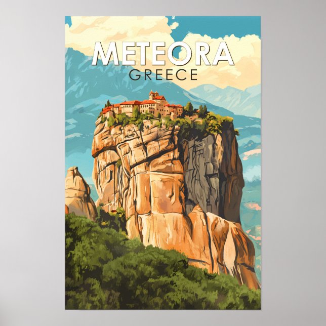 Affiche Meteora Grèce Illustration Voyage Art Rétro (Devant)