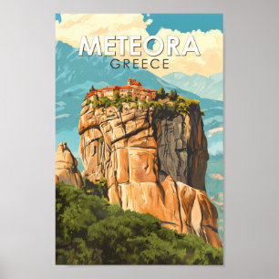 Affiche Meteora Grèce Illustration Voyage Art Rétro