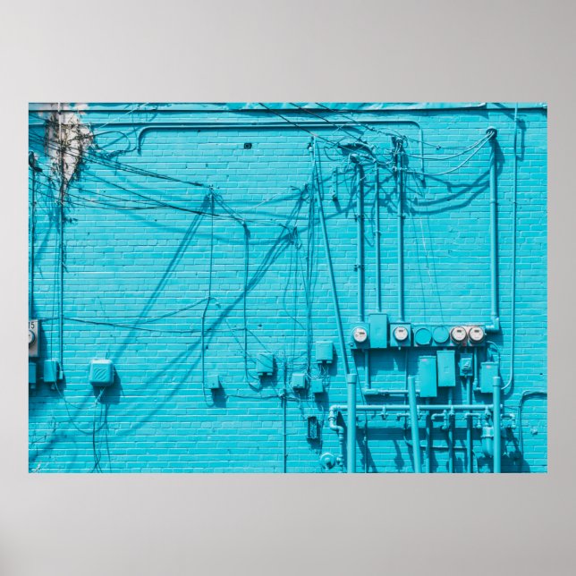 AFFICHE MÈTRE ÉLECTRIQUE SUR MUR EN BRIQUE BLEUE (Devant)