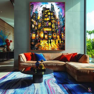 Affiche Métropole néon – Paysage urbain surréaliste de nui