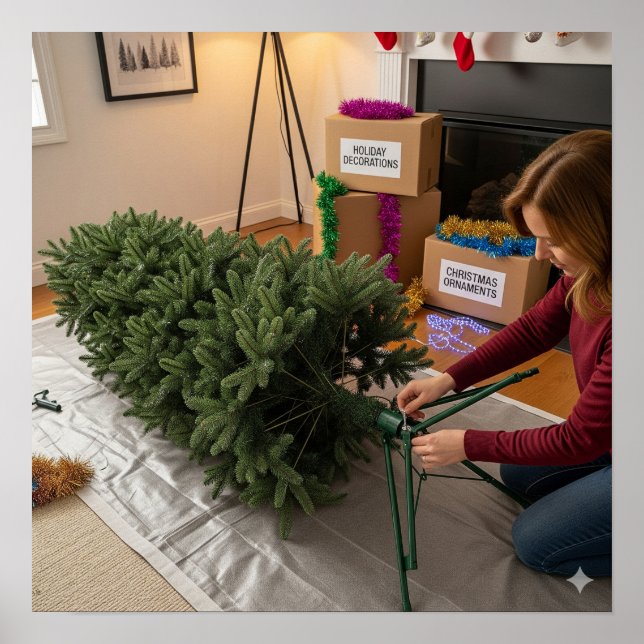 Affiche Mettre l'arbre de Noël sur son stand (Devant)