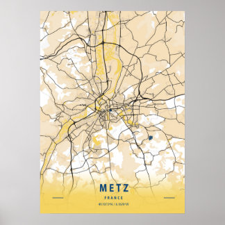 Affiche Metz - France Carte de la ville Jaune
