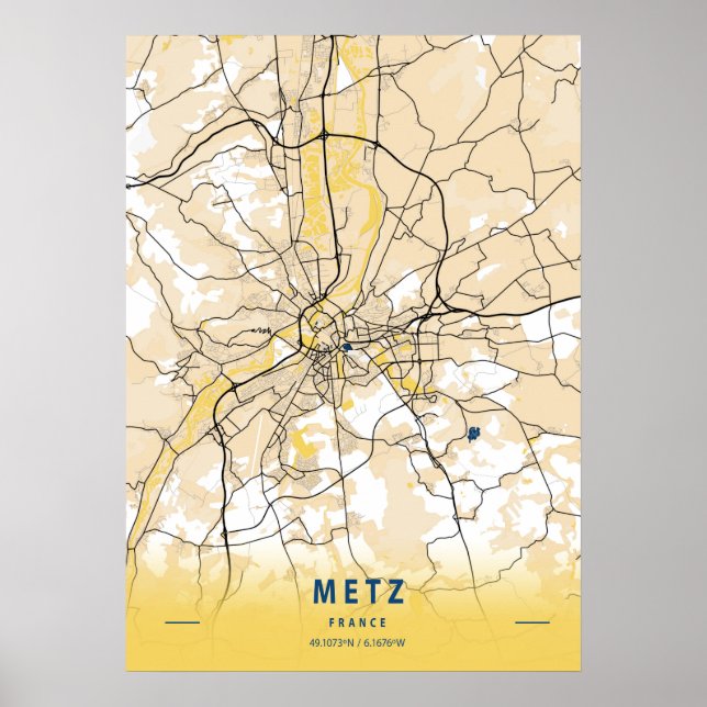 Affiche Metz - France Carte de la ville Jaune (Devant)