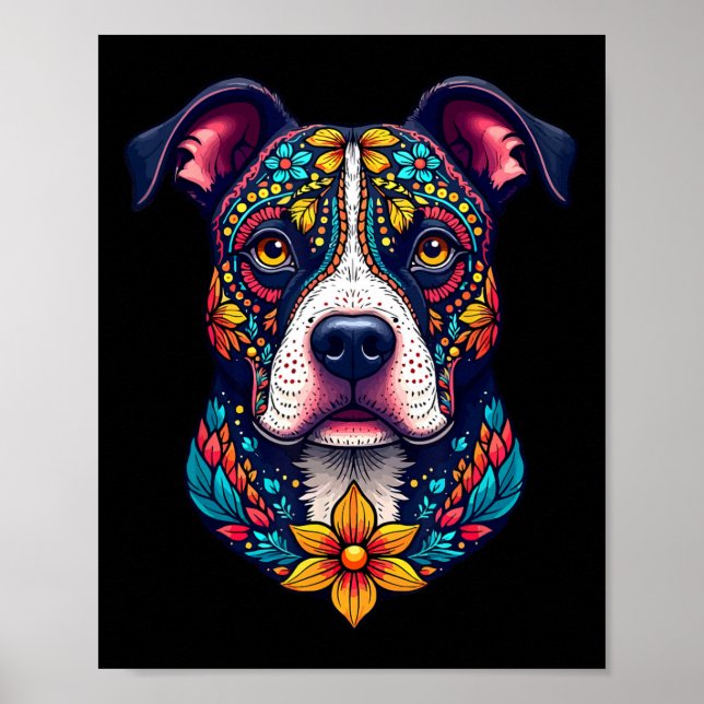 Affiche Mexican Sugar Skull Pitbull Dog Dia De Muertos Hal (Devant)