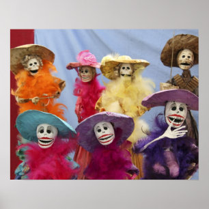 Affiche Mexique. Catrinas squelettiques, figures célébrant