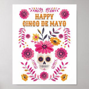 Affiche Mexique Crâne de sucre Floral heureux Cinco de May