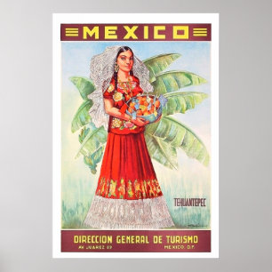Affiche Mexique, femme mexicaine avec un panier de fruits