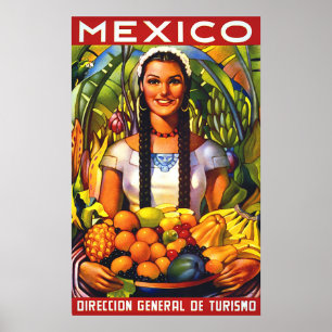Affiche Mexique, femme souriante avec des fruits tropicaux