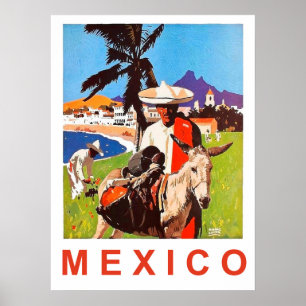 Affiche Mexique, homme mexicain avec un âne près de la côt