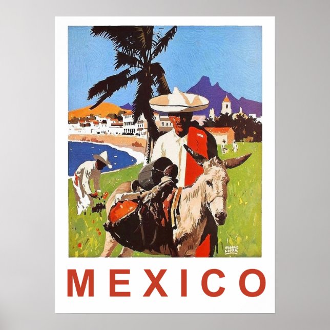 Affiche Mexique, homme mexicain avec un âne près de la côt (Devant)