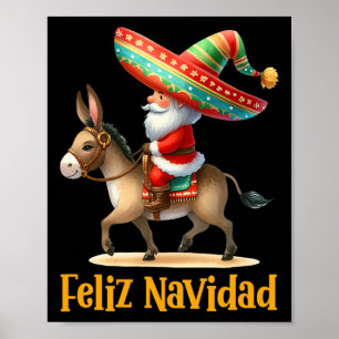 Affiche Mexique Père Noël équitation âne Noël Navidad Mexi