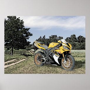 Affiche Mezzotint Campagne et Moto Jaune
