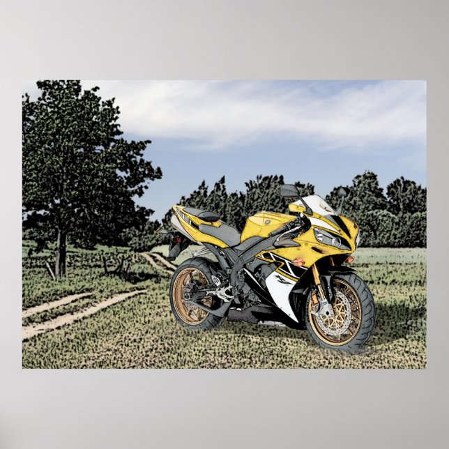 Affiche Mezzotint Campagne et Moto Jaune (Devant)