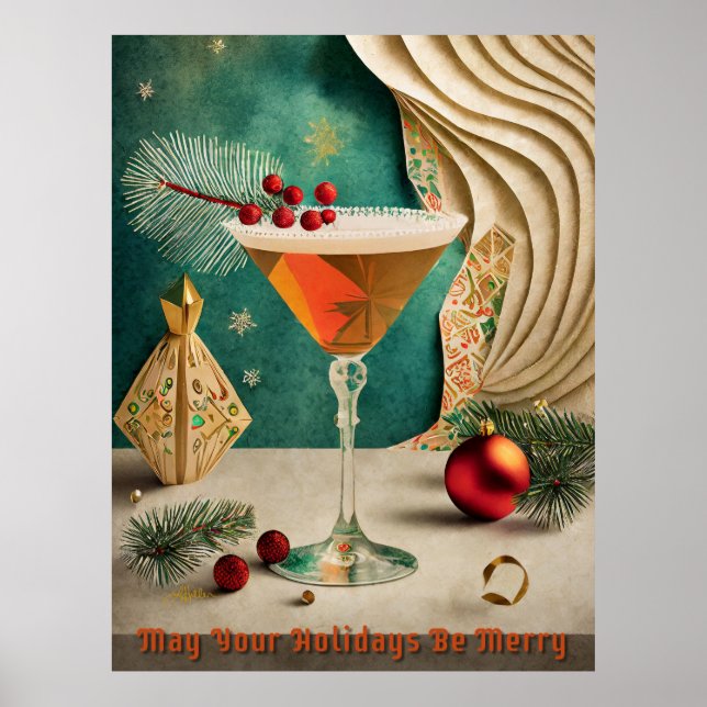 Affiche Mi-Siècle Cocktail de Noël Fête Happy Hour (Devant)