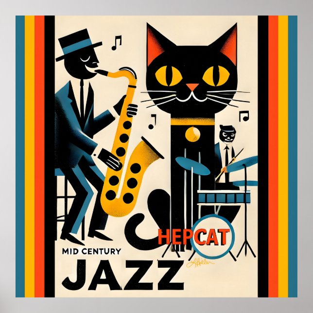 Affiche Mi siècle Jazz Age HepCat Chat Noir (Devant)