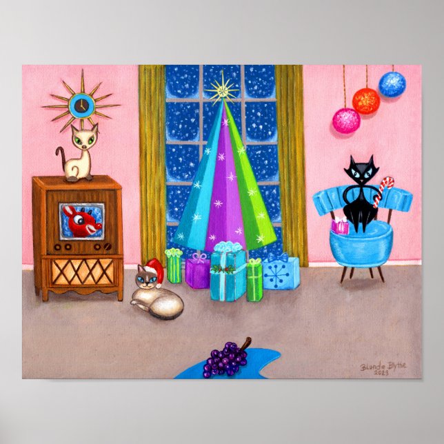 Affiche Mi-siècle moderne Noël de l'âge atomique chats TV (Devant)