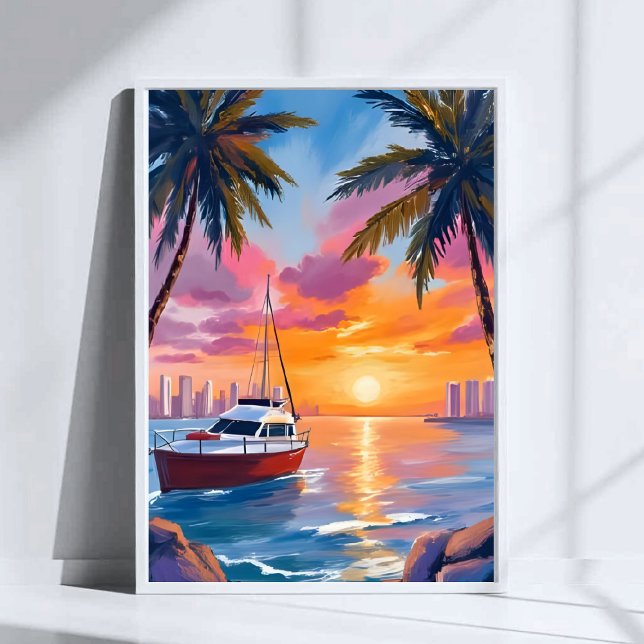 Affiche Miami Beach Boat Bay Sunset Watercolor Painting (Créateur téléchargé)