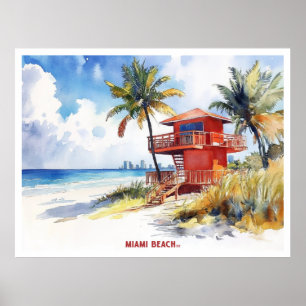 Affiche Miami Beach, Floride carte postale peinture aquare