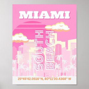 Affiche Miami Beach, Miami Travel Art, Preppy, rose