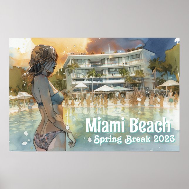 Affiche Miami Beach Spring Break Girl in Pool Watercolor (Devant)