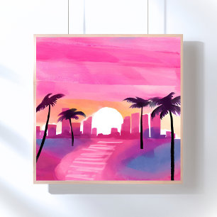 Affiche Miami en Rose   Peinture Aquarelle Brillante