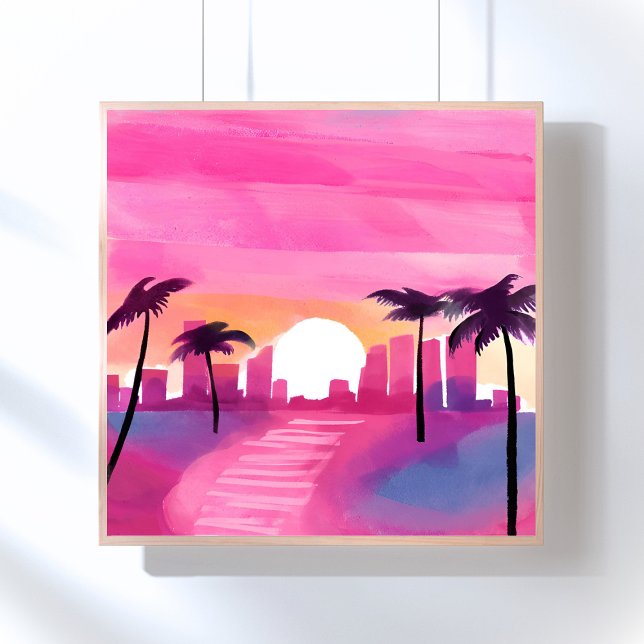 Affiche Miami en rose | Peinture aquarelle brillante (Créateur téléchargé)