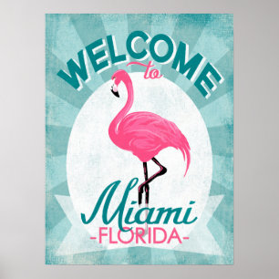Affiche Miami Florida Flamant rose rose - Voyage Vintage R