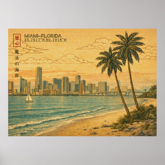 Affiche Miami Florida Skyline in Japanese Ukiyo-e (Devant)