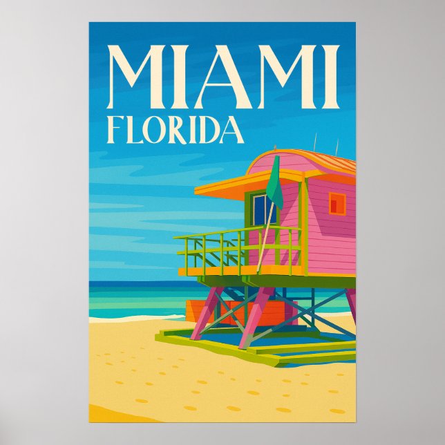 Affiche Miami Floride Plage Colorée Voyage  (Devant)
